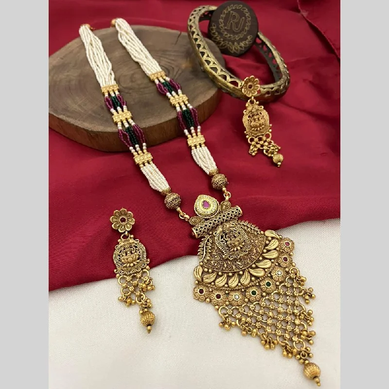 Luxury Jewelry At Unbeatable Discounts FS Collection Gold Plated Pota Stone And Pearls Temple Long Necklace Set