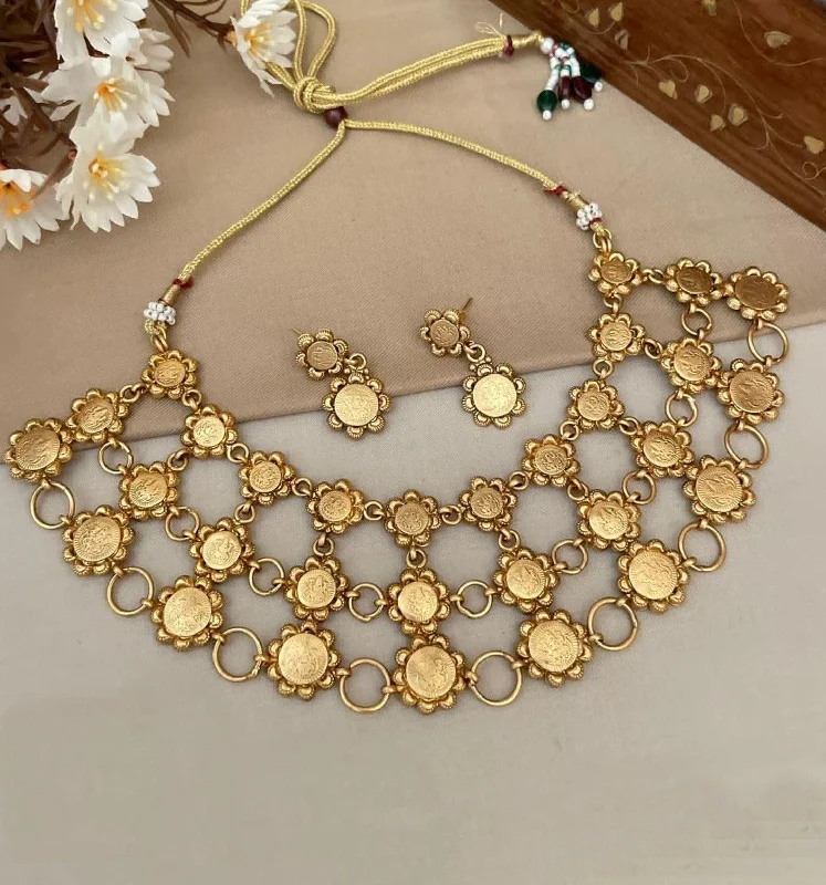 Your Perfect Accessory At The Perfect Price Gold Plated coin pattern 3 layer Designer Necklace with Laxmi