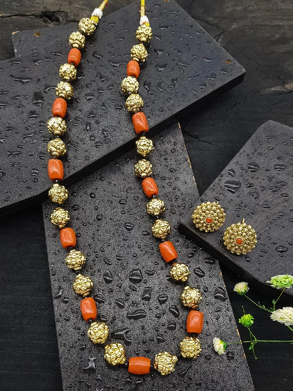 Handcrafted Beauty At Affordable Prices Gold Plated In Coral Beads Long Necklace Set