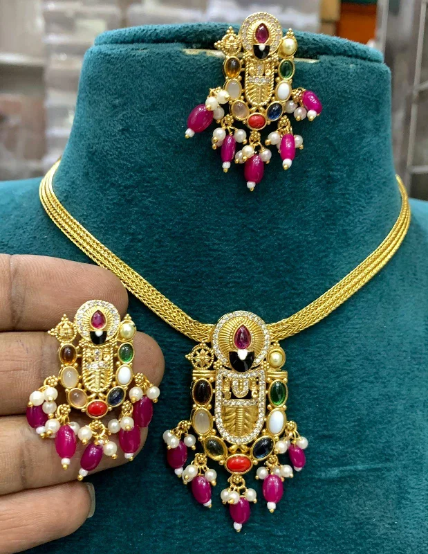 Affordable Luxury Jewelry – Style At A Great Price Premium Gold finish Navaratna short necklace set /pendant set 22077n