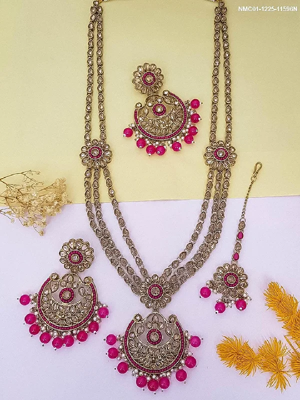 Unmissable Jewelry Discounts – Elevate Your Look For Less Premium Gold Plated Long Bridal Necklace Set with tikka with Stones