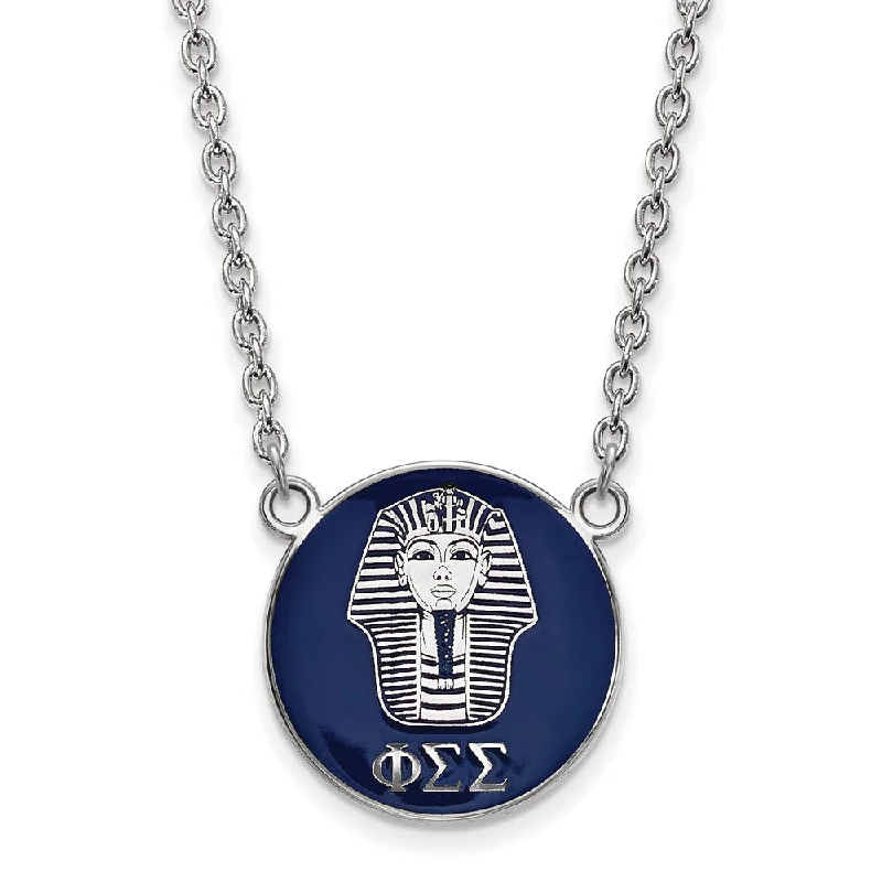 Limited-Stock Jewelry Sale – Once It's Gone, It's Gone Sterling Silver Phi Sigma Sigma Large Navy Enamel Sphinx Disc Necklace