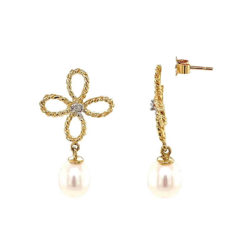 Seasonal Jewelry Sale – Upgrade Your Style Today 14K Gold Pearl and Diamond Drop Earrings