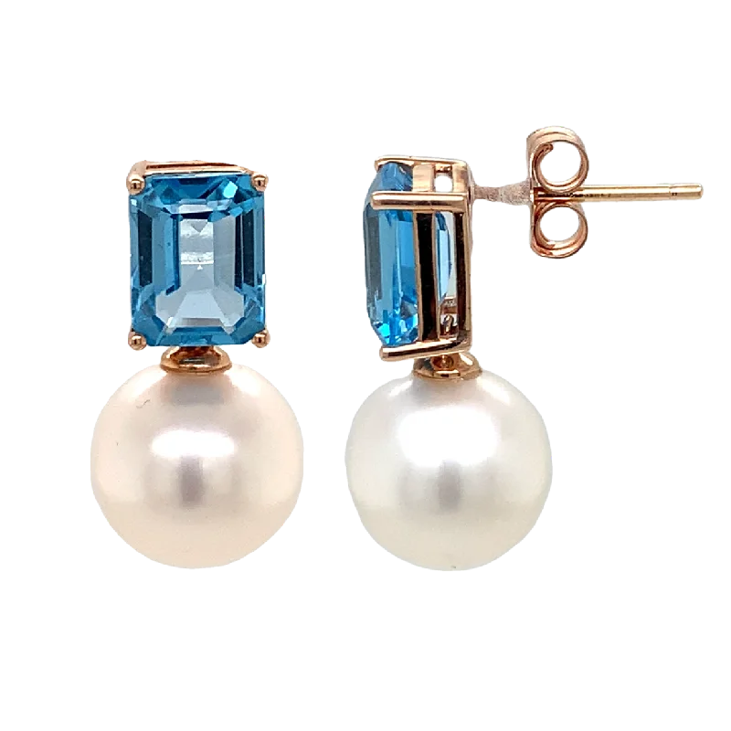 Dainty And Elegant Jewelry Now At Reduced Prices 14K Rose Gold Dangle Earrings with Blue Topaz and Pearl