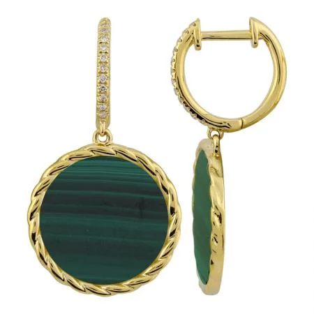 High-Quality Gemstone Jewelry For Special Occasions 14K Yellow Gold Malachite and Diamond Drop Earrings