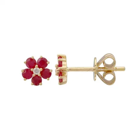 Dainty Floral Jewelry For Feminine Elegance 14K Yellow Gold Ruby and Diamond Flower Studs