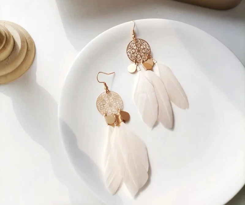 Jewelry Clearance Event – Stock Up Before It's Over Beautiful Gold and White Feather Earrings