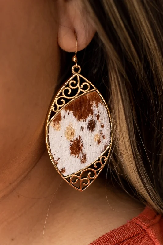 Jewelry Clearance Sale – Final Reductions Cowhide Serenade: Gilded Gold Scroll Earrings with a Twist