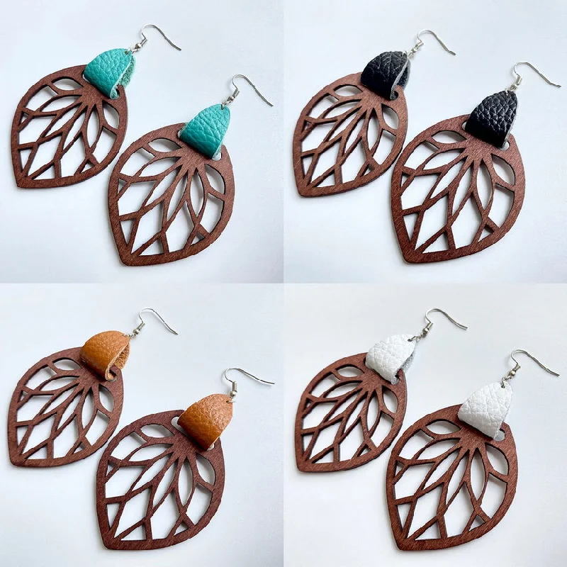 Once-A-Year Jewelry Sale – Grab Your Favorites Now Genuine Leather Wrap Cutout Wood Leaf Drop Earrings