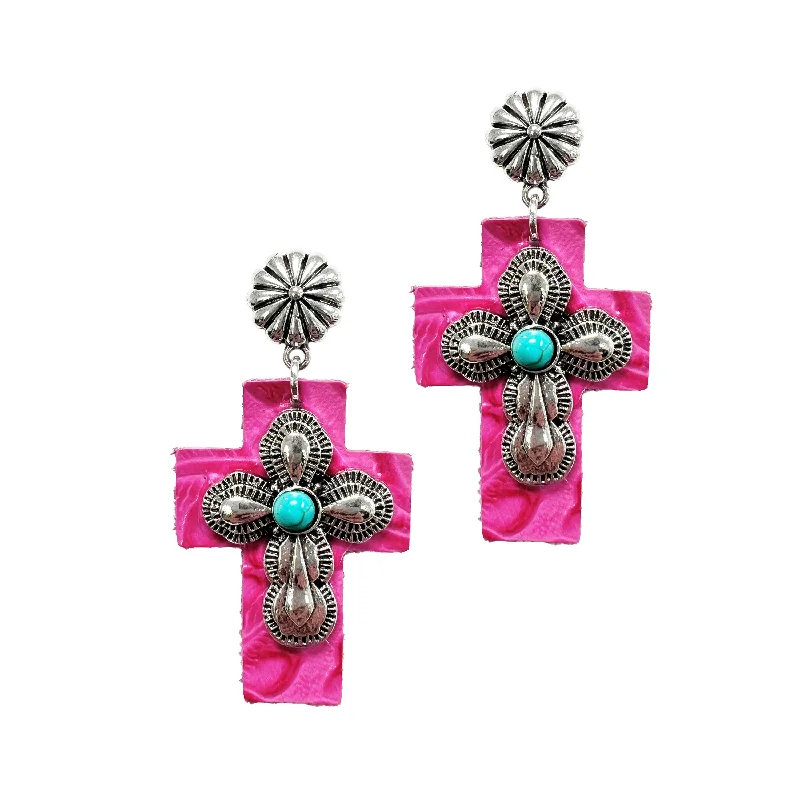 Luxury Jewelry At Budget-Friendly Prices – Grab Yours Now Silver Cross Earrings with Pink Leather Backing