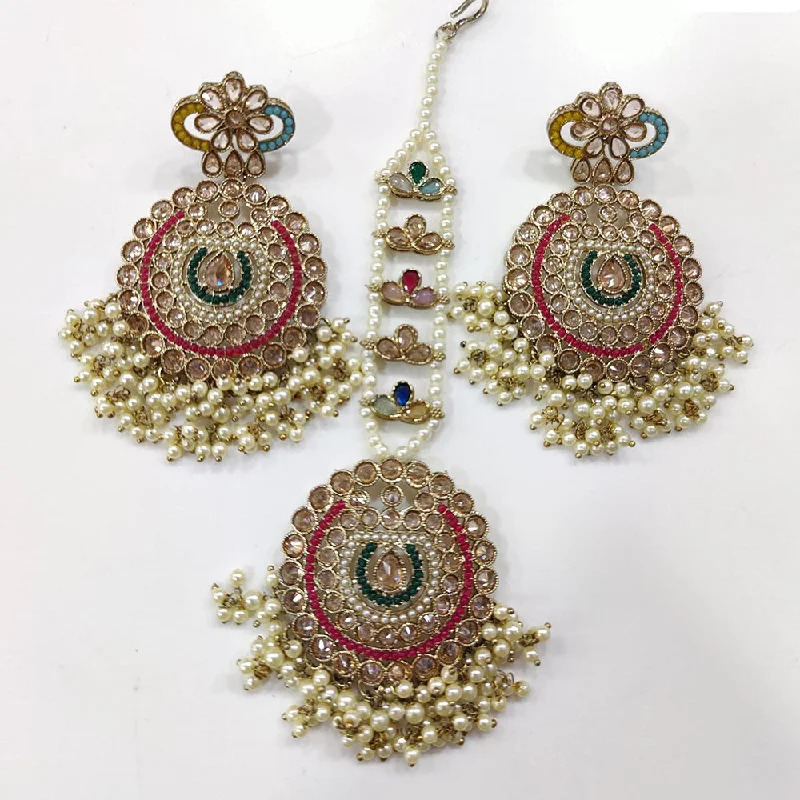 Limited-Stock Jewelry Sale – Once It's Gone, It's Gone JCM Gold Plated Crystal Stone And Pearls Dangler Earrings With Maangtikka (Assorted Color 1 Piece Only)