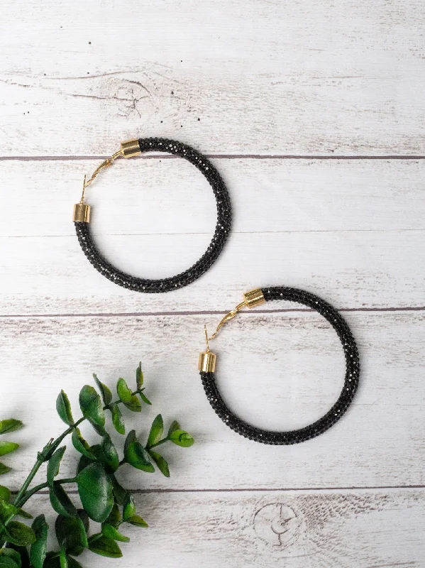 Sparkle More For Less – Jewelry Sale Happening Now LET'S GO GIRLS BLACK CRYSTAL HOOP EARRINGS