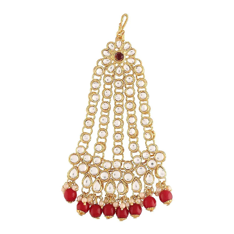 Trendy And Classic Jewelry Now At Reduced Prices Etnico 18K Gold Plated Mughal Beautiful Long Pearl Kundan Jhumar Passa/Jhoomar Maang Tikka for Women (T2055M)