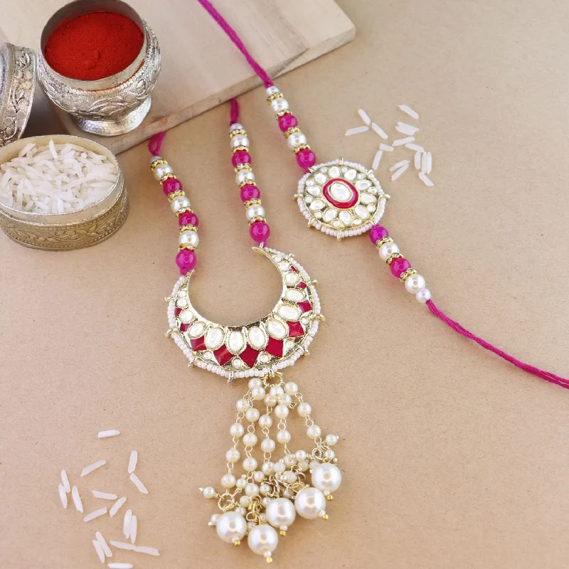 Limited-Time Offer On Elegant Jewelry Pieces Etnico I Jewels Designer Kundan & Pearl Hanging Bhaiya Bhabhi Lumba Rakhi Combo Set with Roli Chawal and Rakshabandhan Card (R105Q-CO)