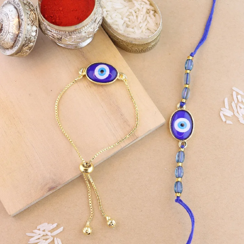 Modern Jewelry At Exclusive Discounts – Shop Today Etnico I Jewels Enamel Designer Evil Eye Bhaiya Bhabhi Lumba Rakhi Set With Roli Chawal and Rakshabandhan card (R128-CO)