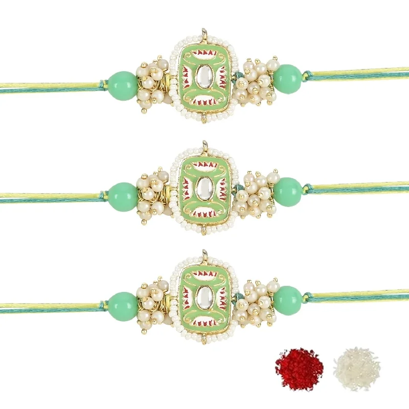 Affordable Elegance – Premium Jewelry At Special Prices Etnico I Jewels Pearl & Kundan Designer Bhaiya Rakhi With Roli Chawal for Brother/Bro/Men with Rakshabandhan Card (R106Min-3) (Pack of 3)