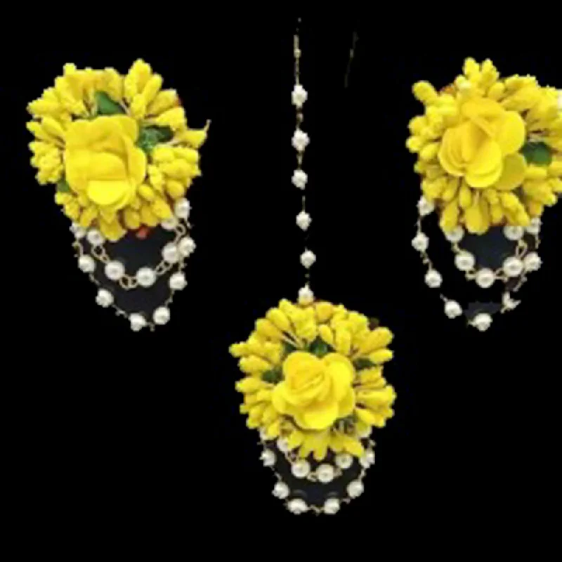 Shop Modern Jewelry Collections With Exclusive Discounts Kavyas Kreation Yellow Floral Design Earrings With Maang tikka