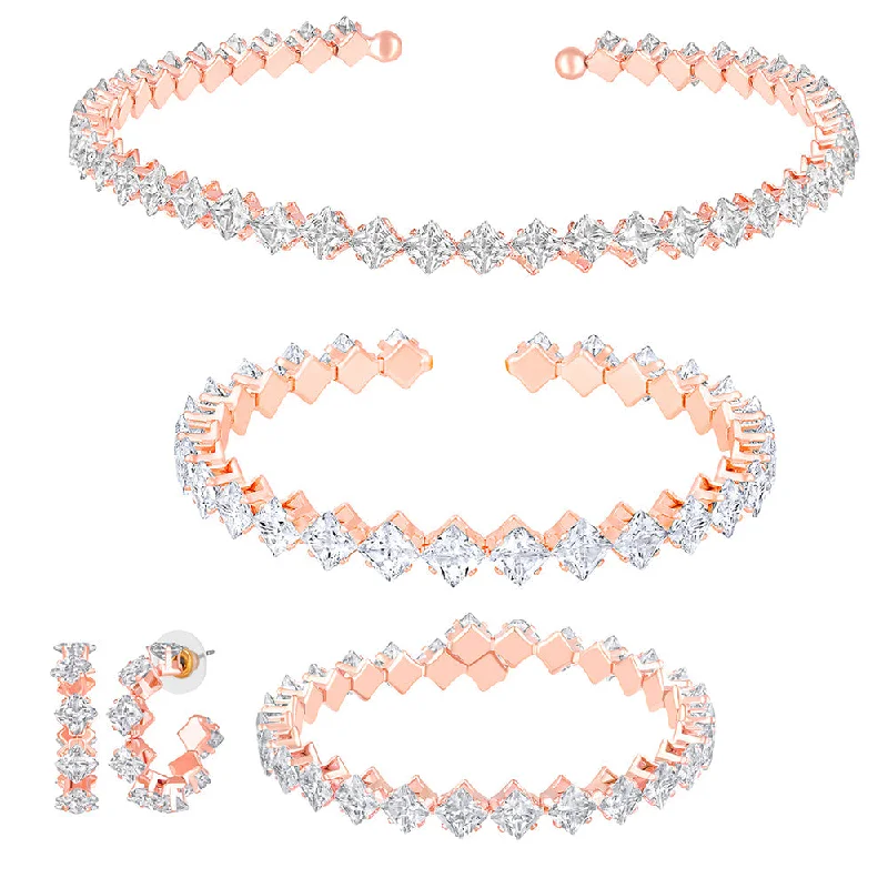 Luxury Jewelry Sale – Sparkle For Less Mahi Rose Gold Plated Classic Princess Cut White Cubic Zirconia Studed Adjustable Choker Necklace Jewellery Set for Women (NL1103808ZWhi)